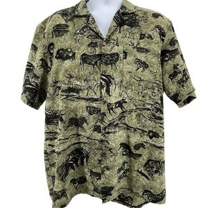 Via Ripatti Designs SS Shirt Mens L Green  Safari Cave Art USA Vintage